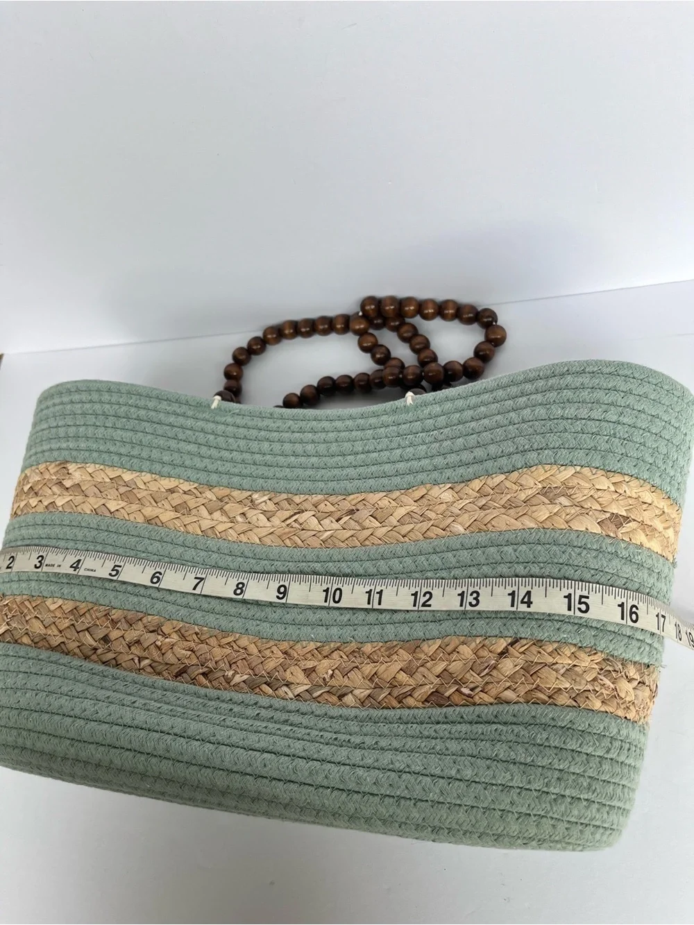 Woven Straw Blue Tote Bag Wood Beaded Handles